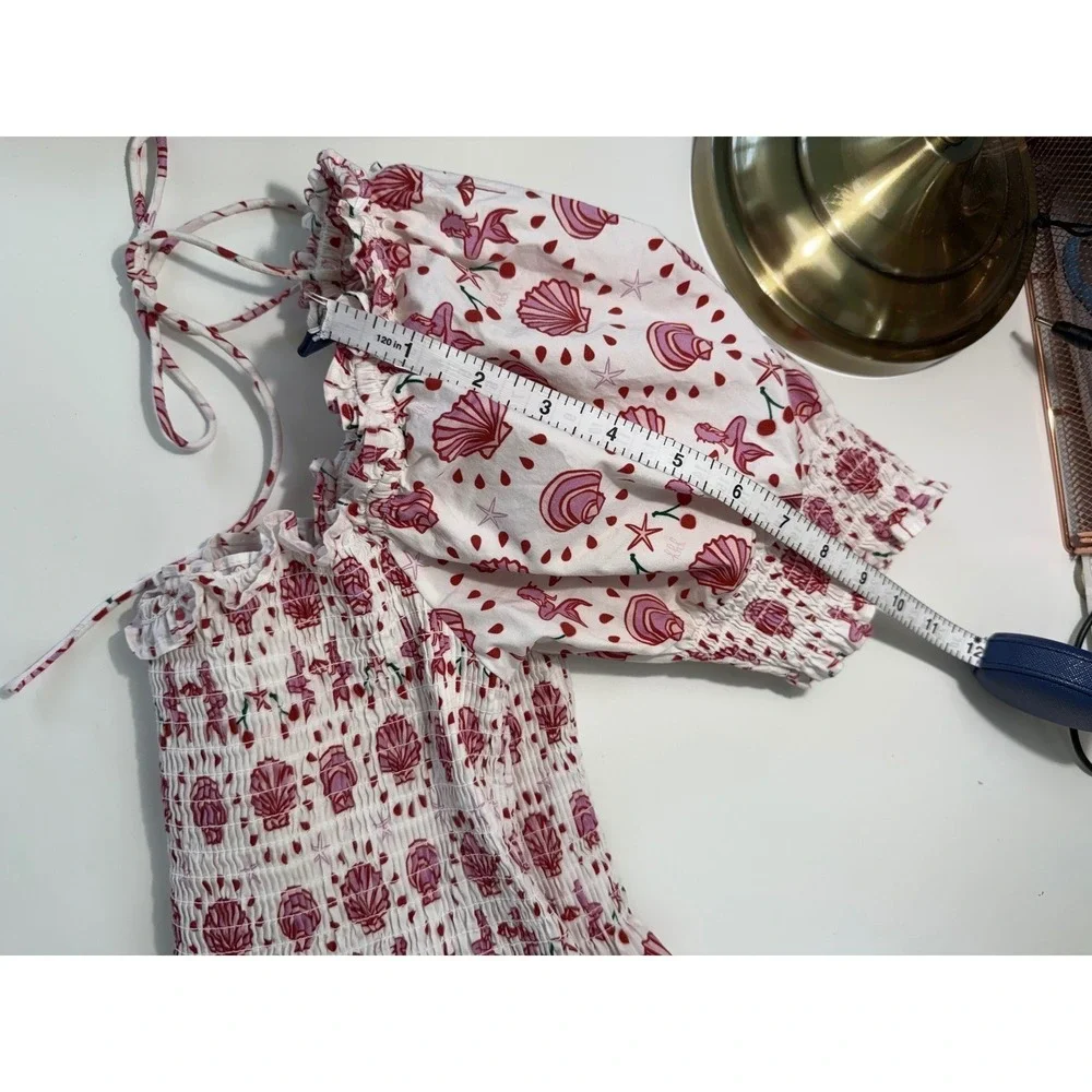 Hill House Home Mermaid Nap Dress Pink‎ Red Seashell Smocked Puff Sleeve Boho XS